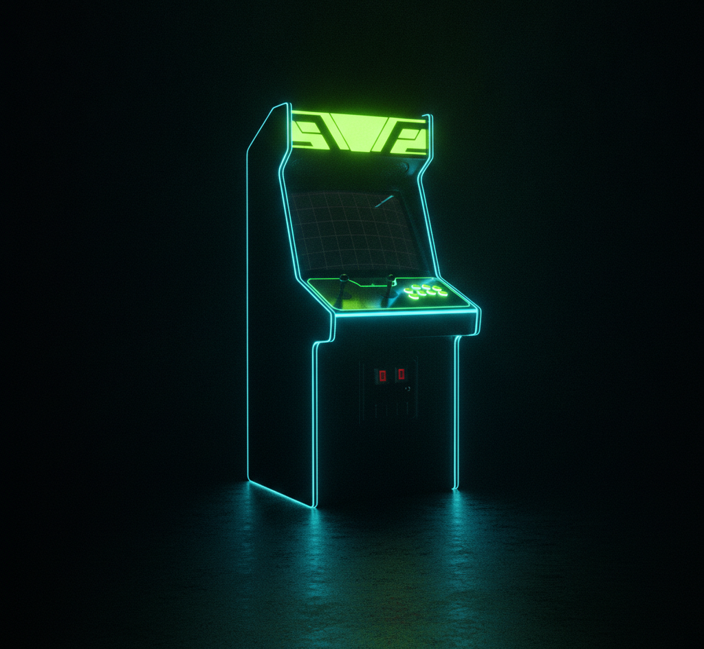 Upright fighting-game arcade cabinet in neon light