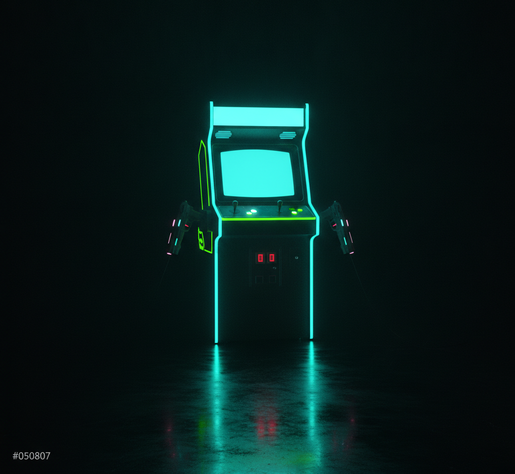 Light-gun shooter arcade cabinet with two holstered guns