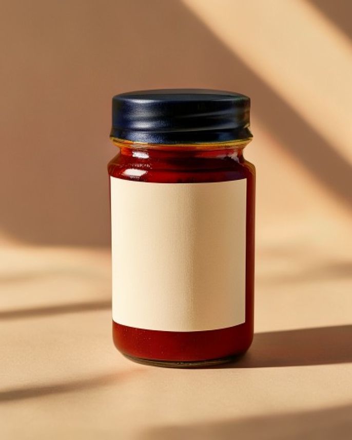 Hot sauce jar with cream label, indigo lid and vermilion sauce