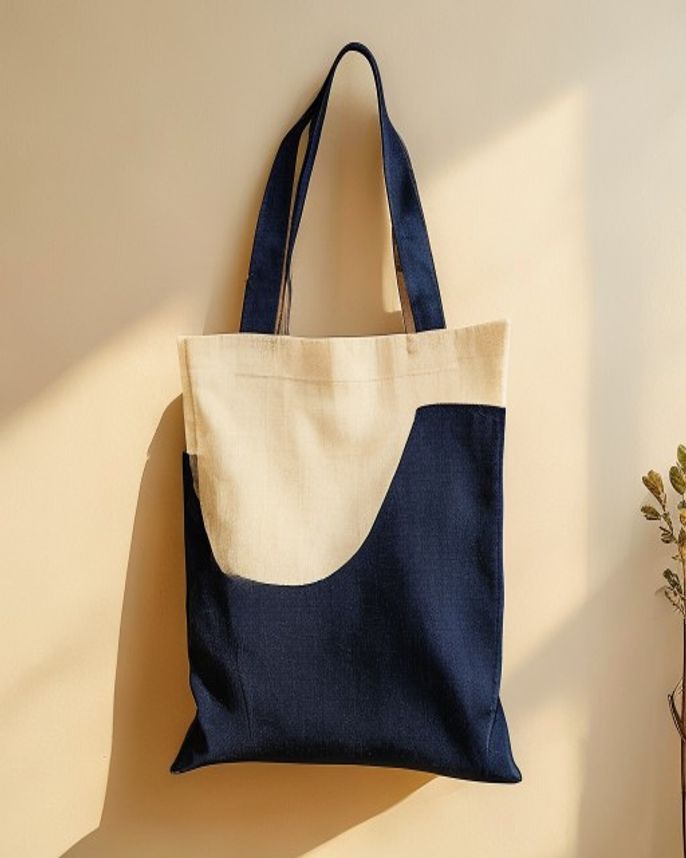 Cotton canvas tote in cream and indigo hanging on a wall